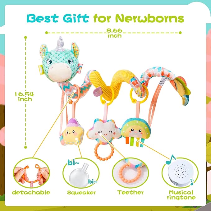 Car Seat Toys for Babies 0-6 Months, Hanging Spiral Stroller Toys, Infant Newborn Brain Development With Music Crinkle Teether Rattle for Baby Boy Girl 0-3-12 Months-CubbioJoy