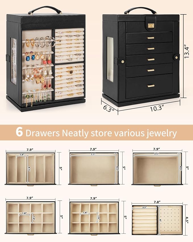 AKOZLIN Jewelry Box 6-Tier Organizer Functional 360° Rotating Jewelry Storage Case for Women Girls Ring Necklace Earring Bracelet Holder with Mirror-CubbioJoy