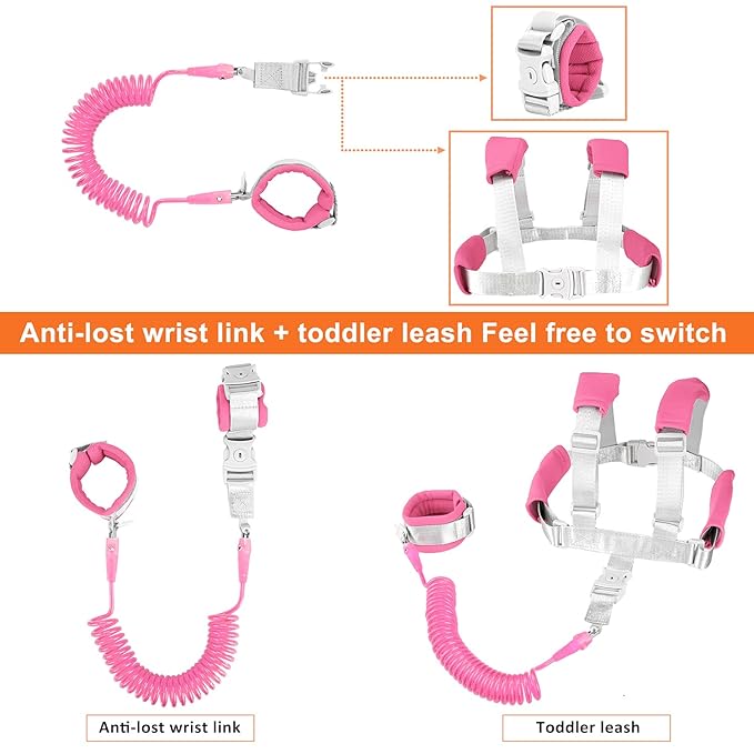 2 in 1 Toddler Leash Anti Lost Wrist Link Pink Safety Harness with Lock for Kids, Baby Leash Anti Lost Wrist Link Safety Wrist Link for Toddlers(Pink 8.2 Ft) …-CubbioJoy