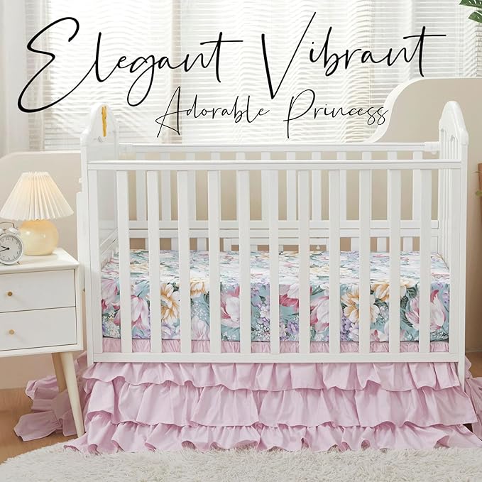 Brandream Crib Bedding Sets for Girls Garden Floral Nursery Set 3-Piece | Ruffled Baby Comforter, Crib Sheet and Tulle Lace Crib Bed Skirt, Green White-CubbioJoy