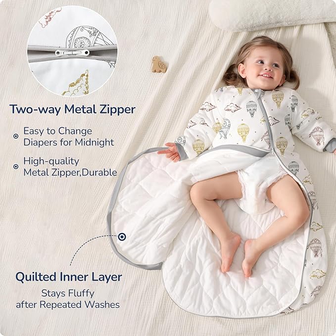 Baby Sleep Sack 18-24 Months, Cotton Detachable Long Sleeve Sleep Sack, 1.0 Tog Toddler Sleeping Sack with Temperature Strips, 2-Way Zipper Wearable Blankets for Newborns, Hot Air Balloon-CubbioJoy