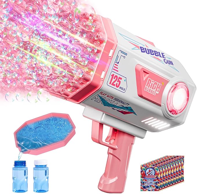 Bubble Gun, Upgraded 125 Holes Bubble Guns for Wedding, Pink Bubble Machine for Kids Age 3 4 5 6 7 8 9 10 11 12 Year Old, Big Bubble Blower Gun with Lights, Halloween Outdoor Party Favors-CubbioJoy