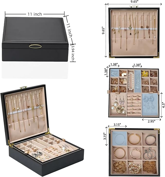 2-layer jewelry box，Jewelry Organizer with Handle，with hanging necklace hooks, detachable jewelry trays, suitable for storing a large amount of jewelry gift box (Large-Black)-CubbioJoy