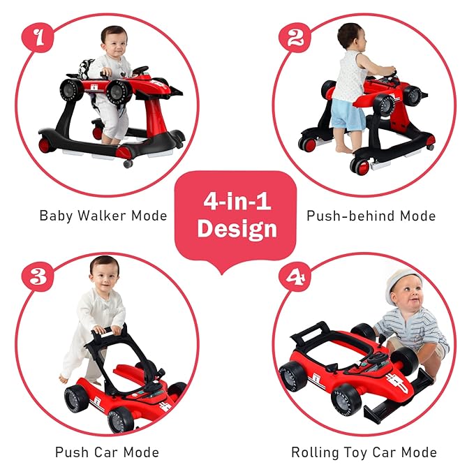 BABY JOY 4-in-1 Baby Walker, Foldable Activity Walker with Adjustable Height & Speed, Music, Lights, Anti-Rollover, Toddler Push Walker, Baby Walker with Wheels for Boys Girls 6-18 Months (Red)-CubbioJoy
