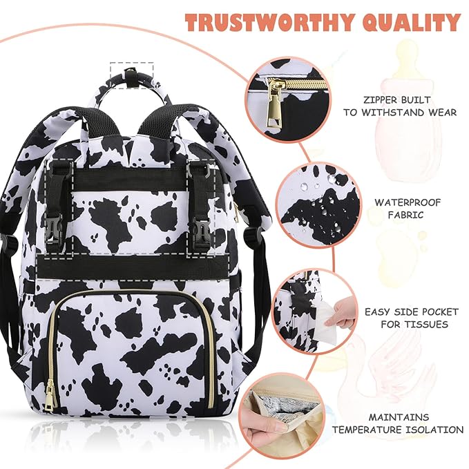 Baby Diaper Bag Backpack, Travel Diaper Bags for Baby Girl Boy Large Capacity Baby Bag Backpack for Women Cow Print-CubbioJoy