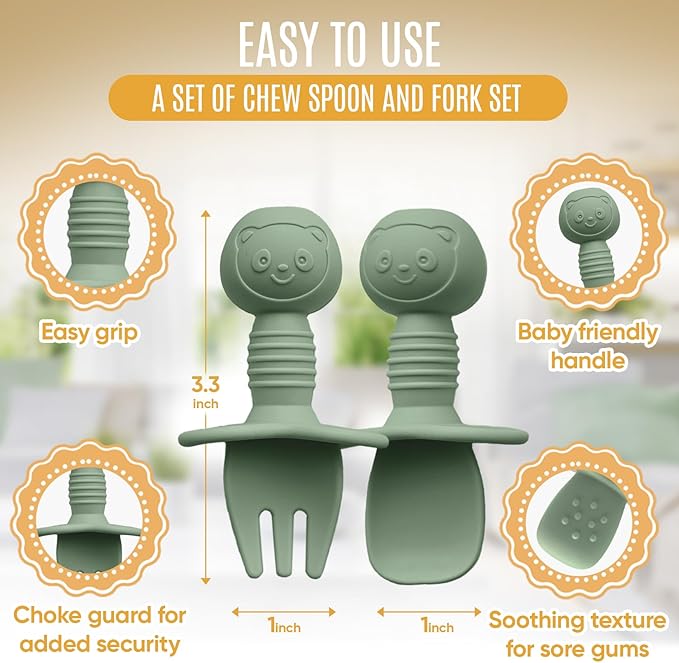 4pc Silicone Baby Spoons Self Feeding Baby Utensils 6-12 Months - 3 Baby Spoon - 1 Baby Fork - Toddler Cutlery Set - BPA Free, Dishwasher Safe - Baby Eating Essentials (Turquoise/Pickle)-CubbioJoy