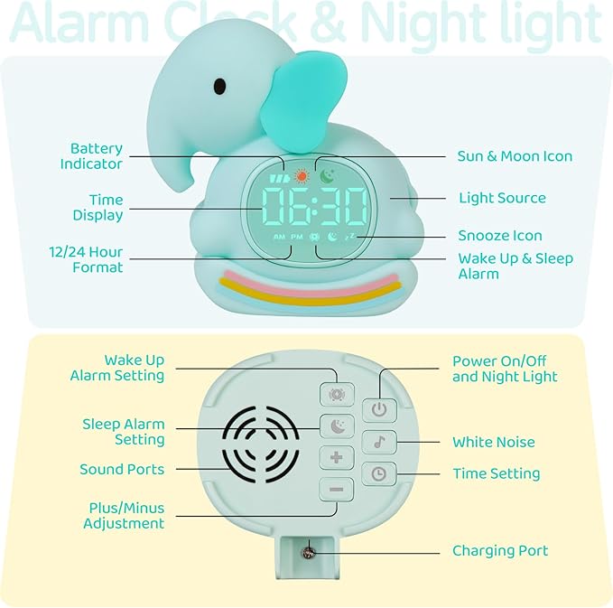 Alarm Clock for Kids with Night Light, Sleep Training Clock Time to Wake Clock, Rechargeable Silicone Light for Bedroom, Perfect Sleep Companion for Boys Girls, Green Elephant-CubbioJoy