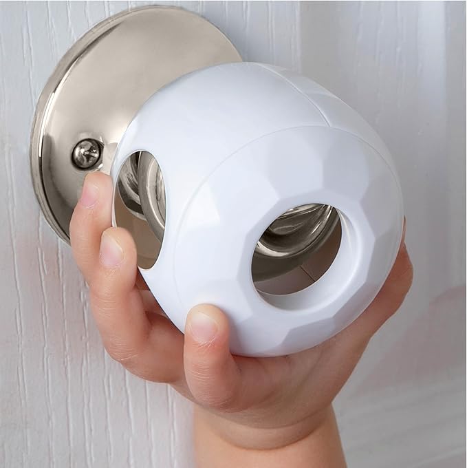 Baby Proofing Door Knob Covers 4 Pack - Easy to Install Child Safety Locks for Doors, Durable & Reusable Child Proof Door Lock, Dual-Lock & Versatile Design, Fits Round Doorknobs, White-CubbioJoy