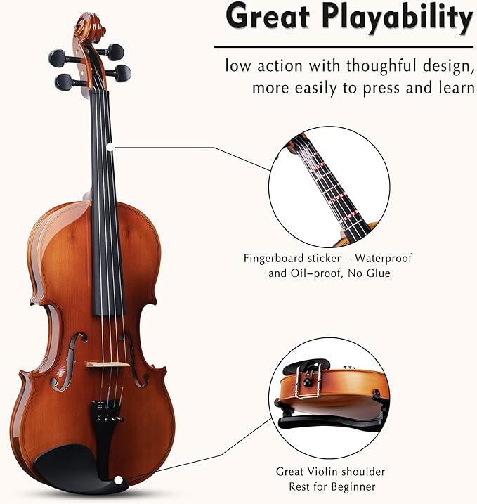 ADM 4/4 Full Size Wood Violin Set for Kids Teens Students Adults Beginner Acoustic Violin Glossy Fiddle Starter Kit with Hard Case, Rosin, Shoulder Rest, Bow, Clip-on Tuner and Fingerboard Sticker-CubbioJoy