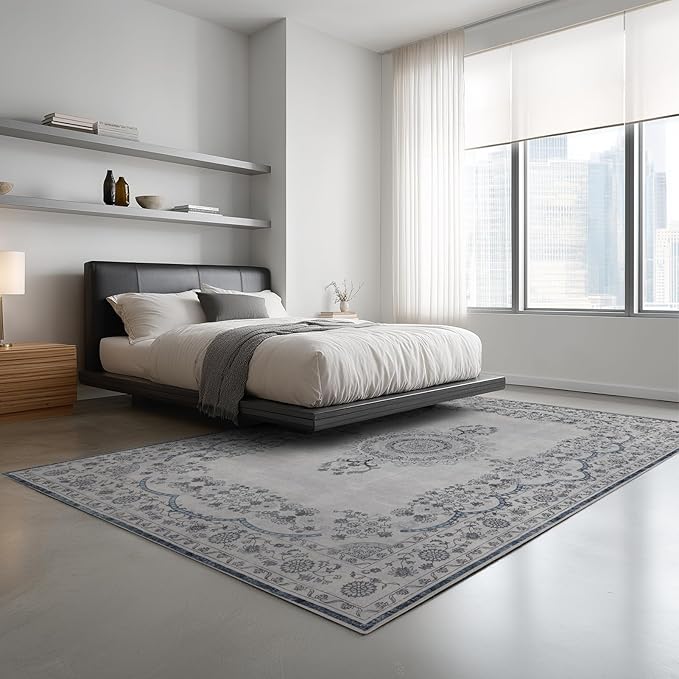 9x12 Area Rug Living Room Rugs, Stain Resistant Washable Rug, Vintage Large Non-Slip Backing, Low Pile Lightweight Print Rug for Bedroom Dinning Room Home Office (Grey/Blue)-CubbioJoy