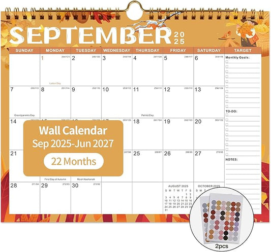 Calendar 2025-2027 22 Monthly Wall Calendar Runs from September 2025 until June 2027 Spiral Binding Hanging 11.5" x 14.7" Thick Paper with Julian Dates and Block for School Office（Festive)-CubbioJoy
