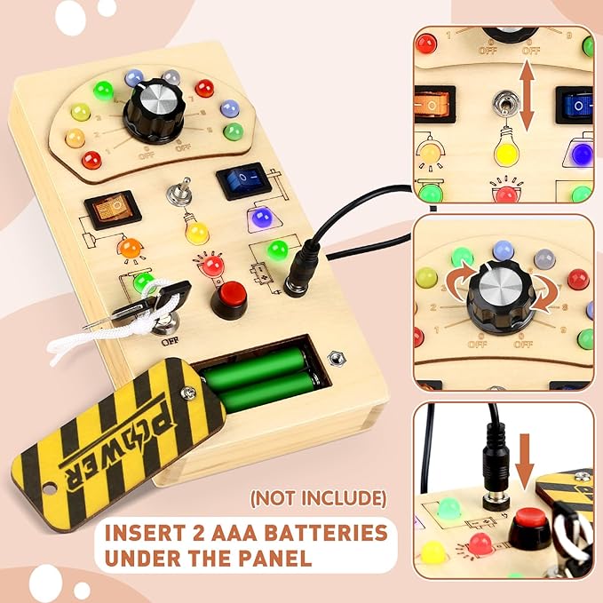 Joyreal Toddler Busy Board, Wooden Montessori Busy Board Sensory Board with LED Light Switch, Sensory Toys Baby Fidget Board Travel Toys for Toddler-CubbioJoy
