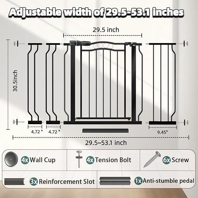 Baby Gate for Stairs 29.53"-53.1" Extra Wide, Pressure Mounted Dog Gate Indoor, Walk Thru Pet Gate for Cat Dog Child,Pet Gates for The House Doorway Black-CubbioJoy