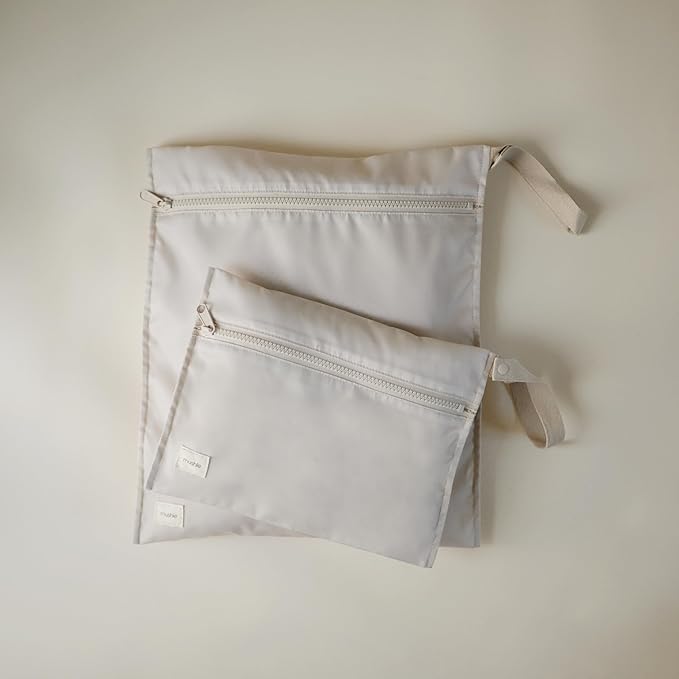 mushie Water Resistant Wet Bags | Large & Small Reusable Storage Bag for Baby Items and Travel | Zippered Pockets with Handle | Machine Washable, Set of 2 (Fog)-CubbioJoy