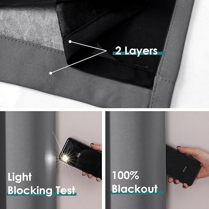 ChrisDowa 100% Blackout Curtains 108 inch Long for Bedroom with Black Liner, 2 Thick Layers Total Blackout Thermal Insulated Grommet Window Curtains 2 Panels Set (Grey, 52 x 108 Inch)-CubbioJoy