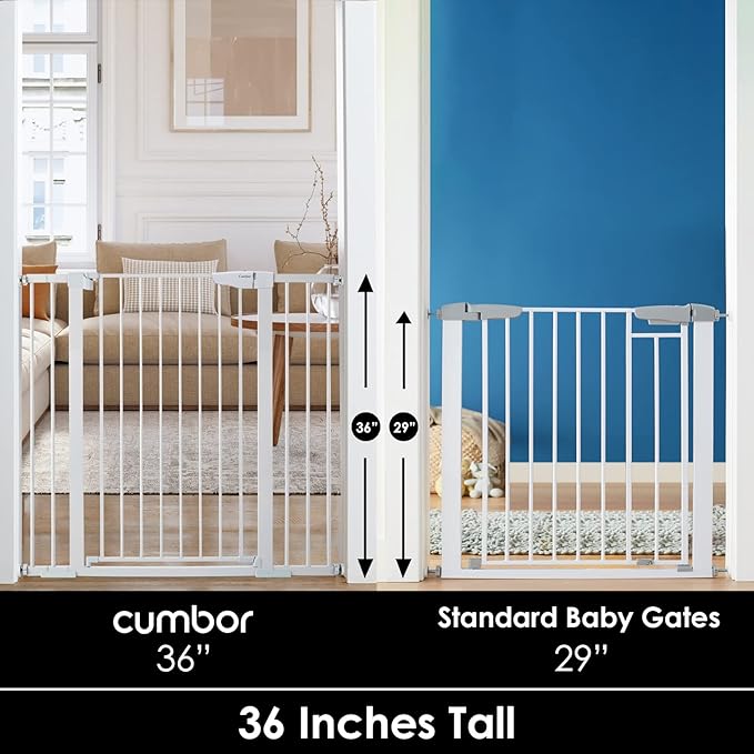 Cumbor 36" Extra Tall Baby Gate for Dogs and Kids with Wide 2-Way Door, 29.7"- 46" Width, and Auto Close Personal Safety for Babies and Pets, Fits Doorways, Stairs, and Entryways, White-CubbioJoy