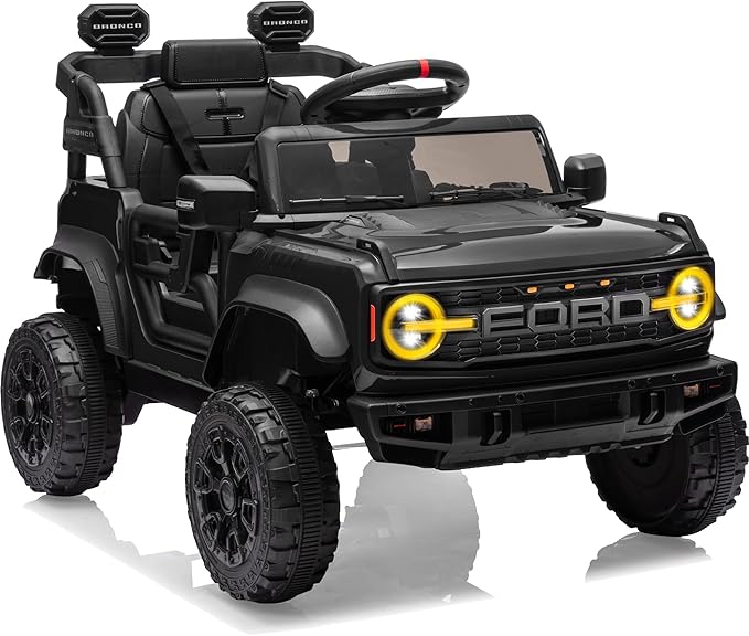 12V Ride on Toys for Kids, Licensed Ford Bronco Raptor Children Electric Vehicles, Toddler Battery Powered Car with Double Doors, 3 Point Safety Belt, Led Lights (12V, Black)-CubbioJoy