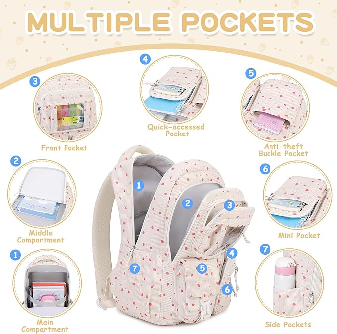 Corduroy Backpack Kids Backpack for Girls School Bags for Middle School Students Book Bag for Elementary Primary Kawaii Ita Backpack, Beige Strawberry-CubbioJoy