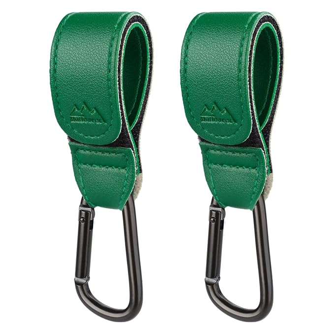 Baby Stroller Hooks Bag Hooks for Hanging Diaper Bags Multipurpose Hooks for Grocery Shopping Bags Premium Vegan Leather Pram Straps 2 Pcs (Green)-CubbioJoy