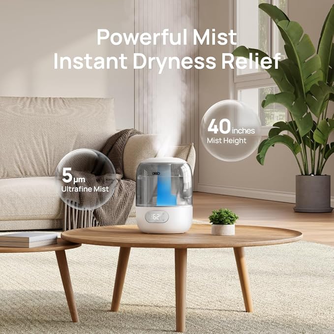 Dreo Humidifiers for Bedroom, Cool Mist Ultrasonic Humidifiers with 30Hr Runtime, Top Fill 3L Tank, Easy Clean, Humidity Sensor, Night Light for Baby, Nursery, 360° Nozzle for Plants and Home, Grey-CubbioJoy
