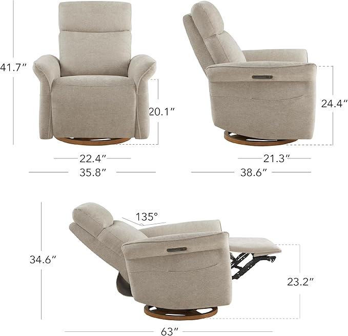 CHITA Power Recliner Chair, Electric Triple-Motor Swivel Glider Nursery Rocking Chair with Adjustable Power Headrest and Lumbar Support, GREENGARD Gold Certified, Solid Wood Base, Khaki Grey-CubbioJoy
