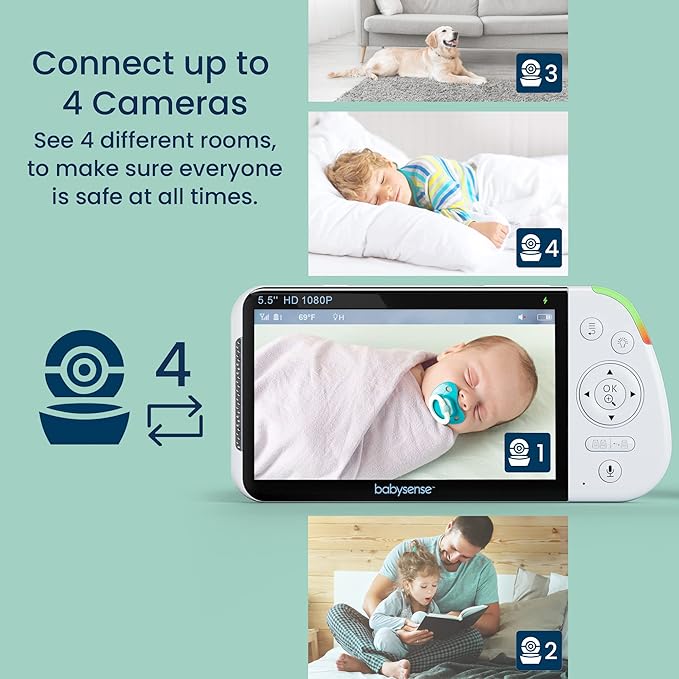 Babysense 5.5" Full-HD Split-Screen Baby Monitor, 1080p Video Baby Monitor with Camera and Audio, 3 Cameras with 6-Color RGB Night Light, 1000ft Range, Two-Way Audio, 4X Zoom, Large Battery-CubbioJoy