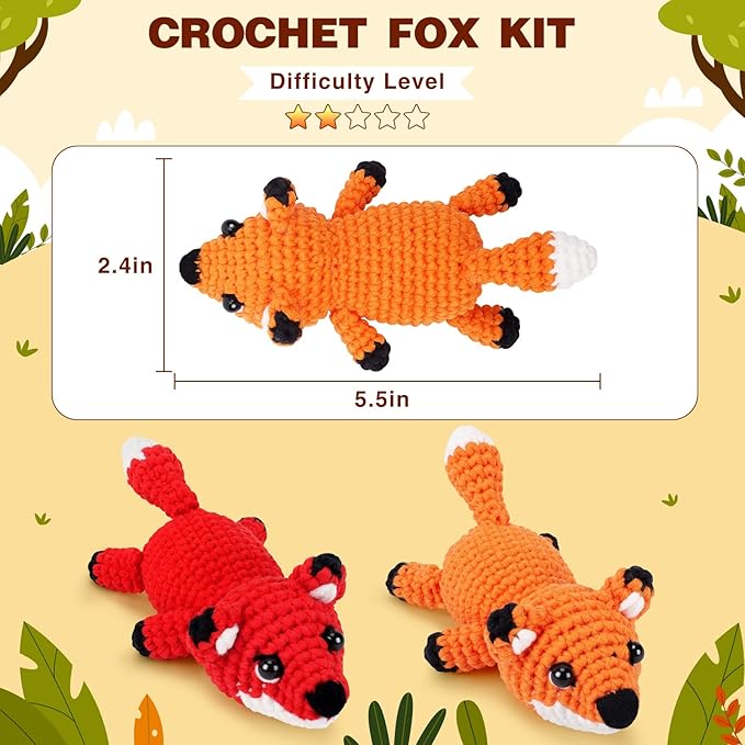 Crochet Kit for Beginners - 2 PCS Fox Crochet Kits with Step-by-Step Video Tutorials, Beginner Crochet Kit for Adults, Crochet Animal Kit for Kids, Crochet Fox Set (Orange & Red)-CubbioJoy