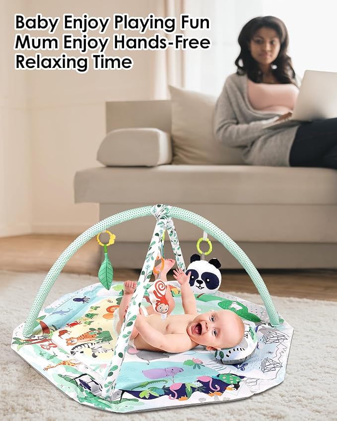 dearlomum 4-in-1 Tummy Time Mat,Baby Activity Play Mat,Newborn Play Baby Mats for Floor with 6 Infant Learning Sensory Baby Toys, Toddler Motor Skill Development,Babies Ball Pit with 18 Ocean Balls-CubbioJoy