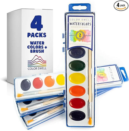 Color Swell Bulk 8 Color Watercolors with Wood Brushes - 4 Packs-CubbioJoy