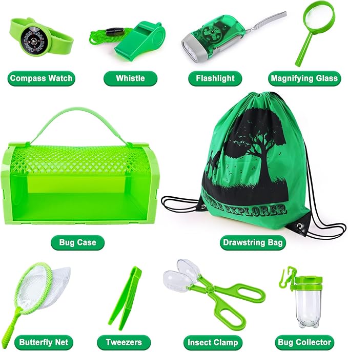 Bug Catcher Kit & Outdoor Explorer Kit for Kids, 10 Pcs Bug Catching Kit with Toy Cage, Backpack, Flashlight, Manifying Glass, Toy Net, Outdoor Exploration Toys Gift for Boys Girls 3-12-CubbioJoy