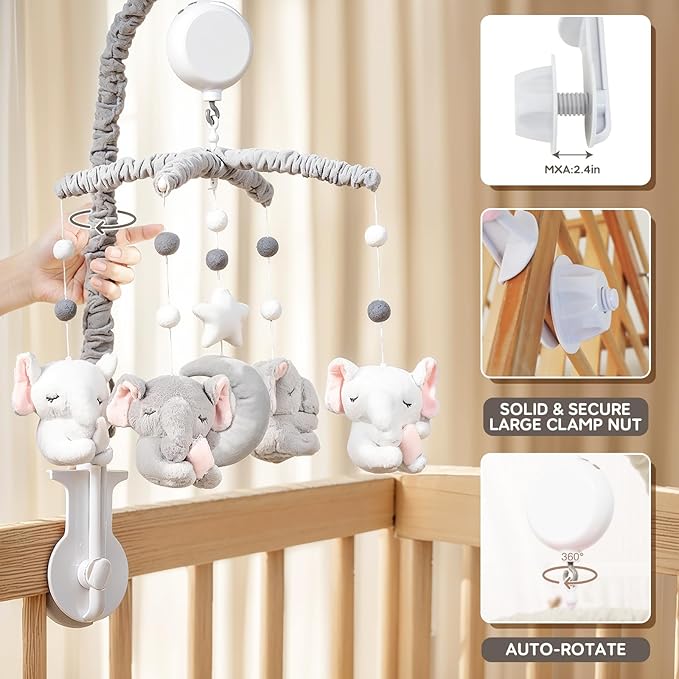 Baby Crib Mobile - Elephant Crib Mobile for Girls with 25 Inches Mobile Arm and 35 Lullabies Musical Box, 3 Modes Digital, Volume Control, Essential Gift for Infant Bedroom Hanging Decor-CubbioJoy