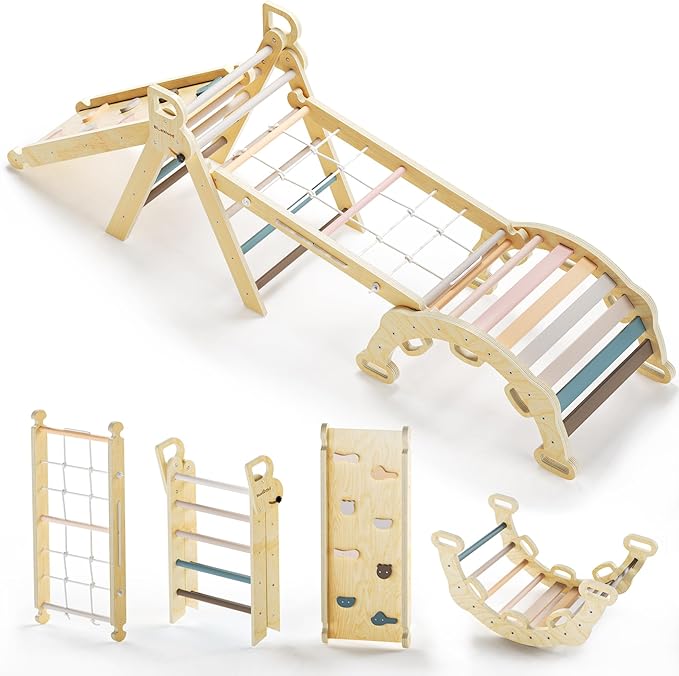 BlueWood 2025 8-in-1 Pikler Triangle Climbing Set Toddler Toys Indoor Baby Jungle Gym Climber Playground for Kids - Mauve Pink-CubbioJoy