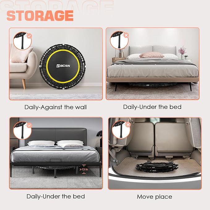 BCAN 40"/48" Mini Rebounder Trampoline for Adults with Bar, 450/550LBS Fitness Trampoline with Bungees, Adjustable Handle, Stable & Quiet, Indoor Outdoor, Whole-Body Workout & Relaxation at Home-CubbioJoy