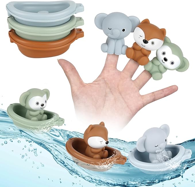 Bath Pool Toys for Toddler, Stacking Toys with 3 Boat 3 Sensory Finger Puppets, Toddler Toys Gifts for 2-4 Year Old Boy Girl, Model A-CubbioJoy