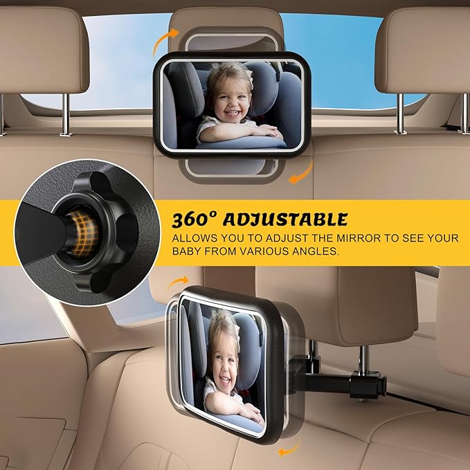 Baby Car Mirror with Light, 7 RGB Light Rear Facing Baby Car Seat Mirror with Remote Control Rechargeable 360° Rotation Hook Clip Design Wide View Shatterproof-CubbioJoy