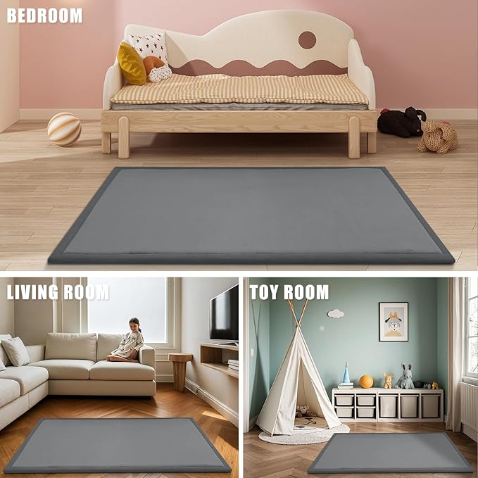 Baby Play Mat for Floor, 1.3" Thick Memory Foam Muscle Playpen Cushion, Soft Coral Velvet Tummy Time Mat with Non-Slip Backing, Water Repellent Child Nursery Rug for Toddlers, Kids (Dark Grey, 39X59)-CubbioJoy