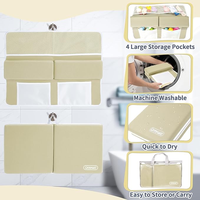 URMYWO Bath Kneeler and Elbow Rest Pad Set - 1.5" Thick Baby Bath Kneeler Pads with Toys Organizer, Anti-Slip Cozy Knee & Arm Support Bathtub Mat, Quick Dry Kneeling Pad for Baby Bath Time-CubbioJoy
