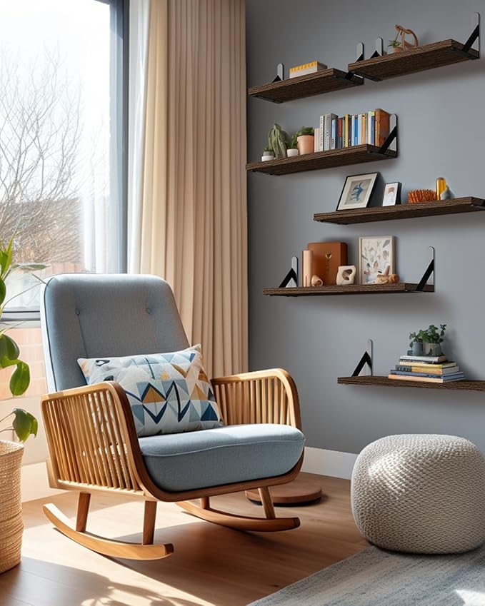 AMADA HOMEFURNISHING Wall Shelves Set of 6, Rustic Farmhouse Floating Shelves for Bedroom, Bathroom & Living Room, Brown Wood-CubbioJoy