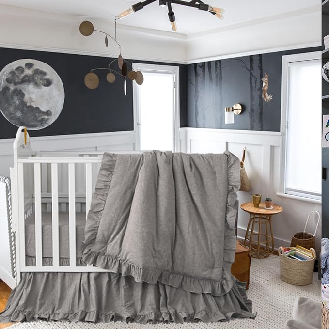 Brandream Crib Bedding Set 3 Pieces Ultra Soft 100% Cotton Bohemian Neutral Solid Grey Crib Comforter, Crib Sheet, Crib Skirt, Farmhouse Chic Ruffle Baby Girl Boys Nursery Bedding-CubbioJoy