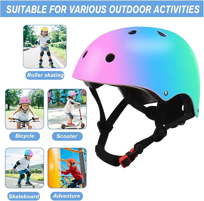 Color Gradient Adjustable Kids' Helmet with Knee & Elbow Pads Set | Multi-Sport Safety Gear for Boys & Girls Ages 5-14 | Skateboarding, Scooters, Roller & Inline Skating, Longboarding-CubbioJoy