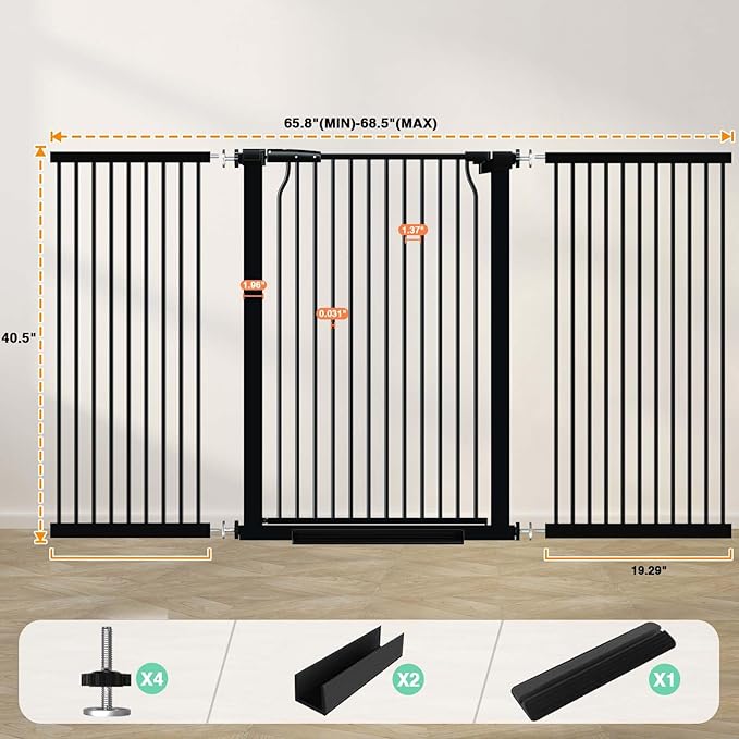40.5" Extra Tall Baby Gate, 65.8"-68.5" Extra Wide Long Pet Gate, No Drill Large Dog Gates Indoor, Adjustable Tension Safety Child Gate Auto Close for Stairs Walk Thru Kid or Pet Black-CubbioJoy