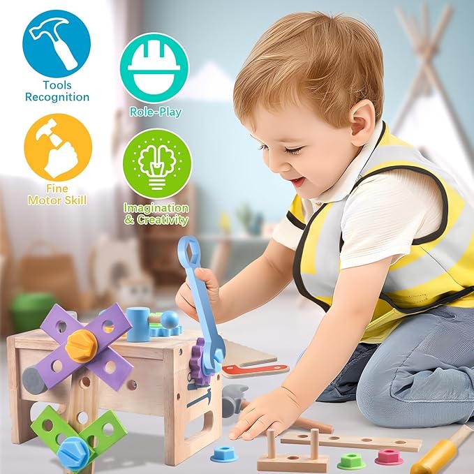 Aliex Wooden Kids Tool Set, 30pcs Toy Tools for Toddlers with Vest, Tool Kit Toddler Montessori Stem Learning Educational Toys for 3 4 5 Years Old Boys Girls, Birthday Gift for Kids-CubbioJoy