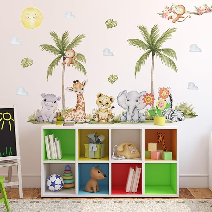 56.29 x 44.88 Inch Watercolor Animal Wall Decals - Jungle Stickers With Tiger, Elephant, Zebra, Giraffe, Monkey, Hippo for Baby Nursery, Bedroom, Classroom, Kindergarten Decor-CubbioJoy