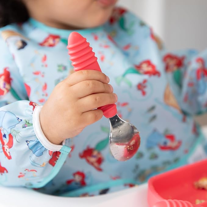 Bumkins Toddler Utensils, Kids Size Fork and Spoon Set, Silicone and Stainless-Steel Training Silverware, Angled Forks / Sporks for Self-Feeding, Children Hold Learning to Eat, 18 Months Up, Red-CubbioJoy