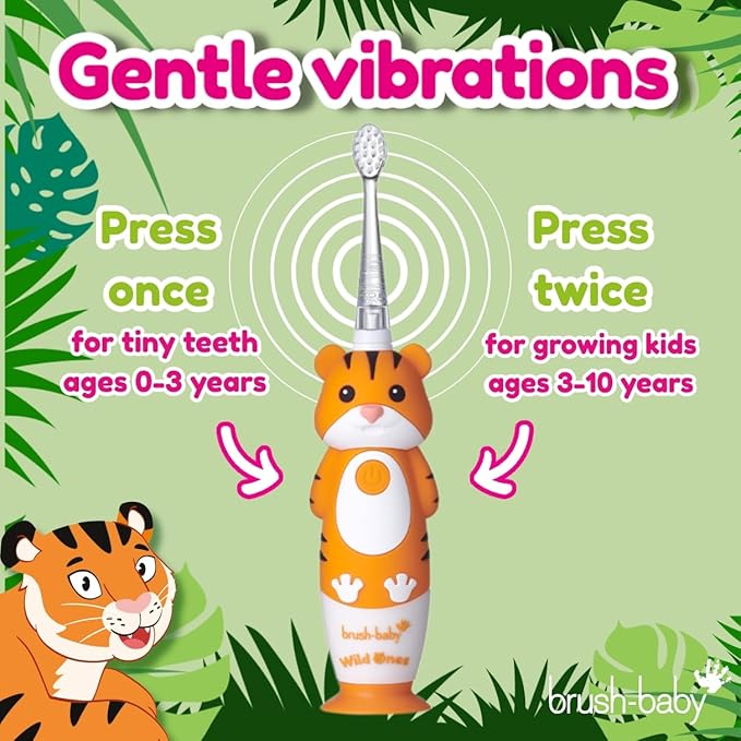 brush-baby WildOnes™ Rechargeable Kids Electric Toothbrush – Toby Tiger | Flashing Lights, 2-Min Timer, Waterproof, 3 Brush Heads | Toddler & Child Toothbrush Ages 0-10 | Soft Bristles-CubbioJoy