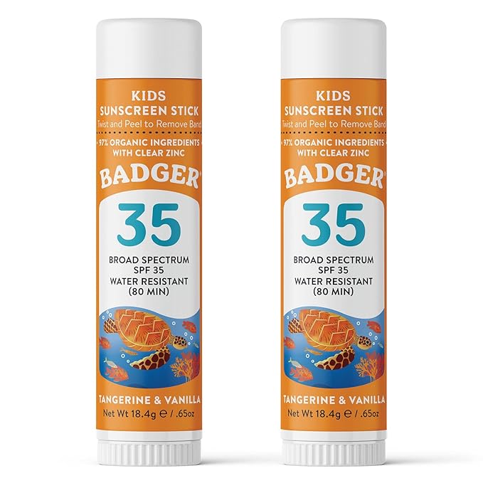 Badger Mineral Kids Sunscreen Face Stick SPF 35, Zinc Oxide Travel Size Sunscreen Stick for Kids, 97% Organic Ingredients, Reef Safe, Water Resistant, .65 oz, 2-Pack-CubbioJoy
