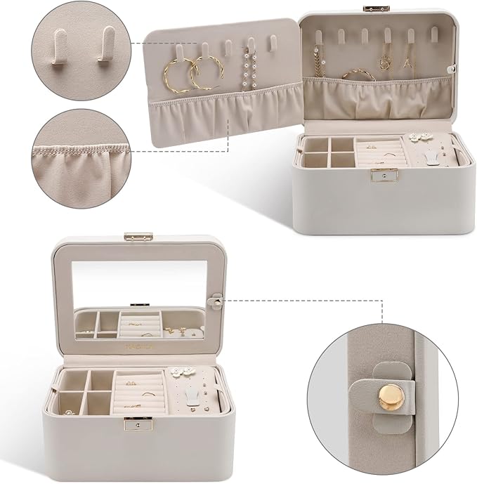 KAMIER Jewelry Box, 2 Layers PU Leather Jewelry Organizer Box, Large Capacity, Double Lock and Large Mirror, Hidden Necklace Hooks, Removable Dividers, Grey-CubbioJoy