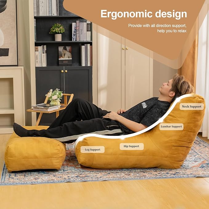 Bean Bag Chair with Ottoman, Comfy Bean Bag Sofa with Memory Foam, Lazy BeanBag Sofa with Footstool, Fireside Bean Bag Couch for Living Room, Bedroom, Apartment-CubbioJoy
