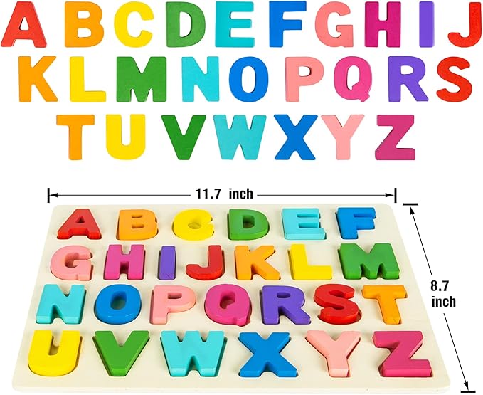 Alphabet Puzzle Wooden Puzzles for Toddlers 3 4 5 Year Old, ABC Puzzle Shape Alphabet Learning Puzzles Toys with Puzzle Board & Letter Blocks, Preschool Educational for Girls Boys-CubbioJoy