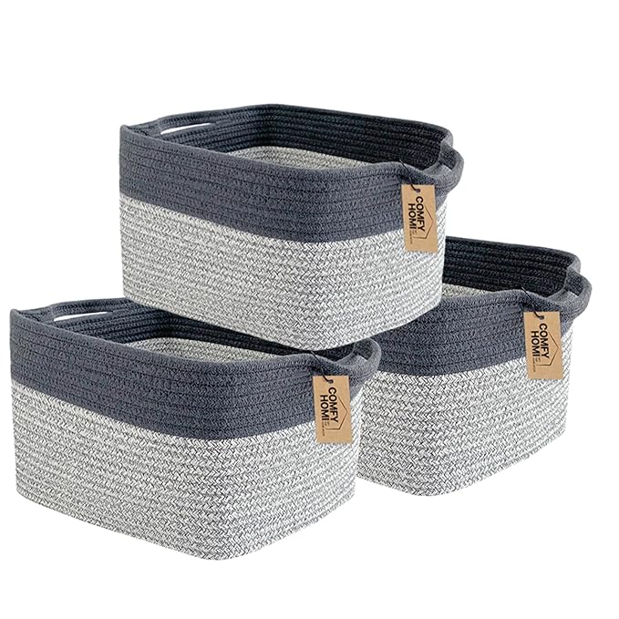COMFY-HOMI 3Pack Cotton Rope Square Basket with Handles for Shelves|Dog Toy Storage Bin|Shoe Organizer - New 13.5" x 11" x 9.5" (Light Grey)-CubbioJoy